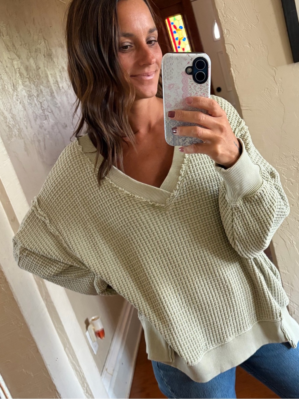 American Eagle Outfitters Sage Green Waffle V-Neck Sweater